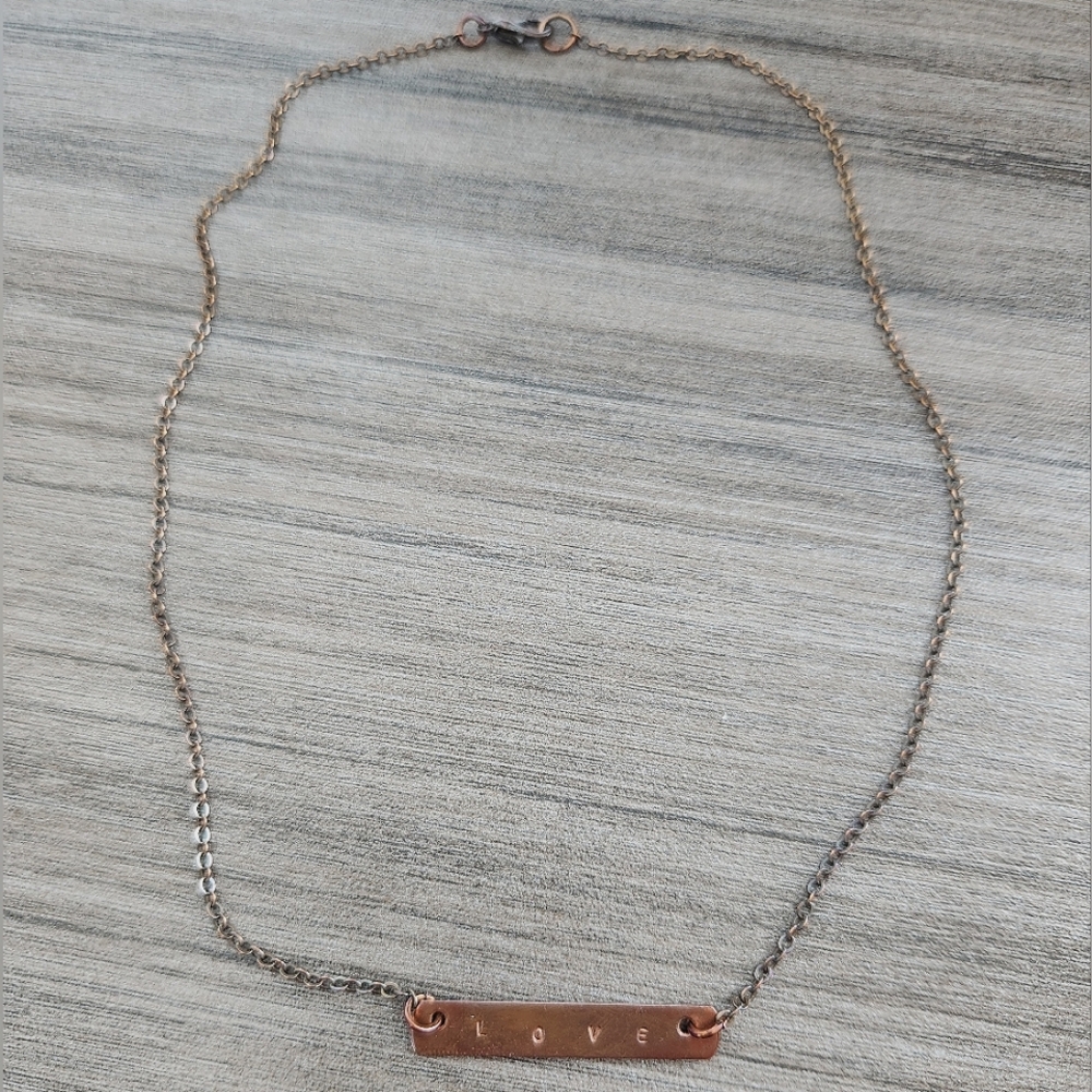 Patinated Copper handstamped 'Love' Bar Necklace